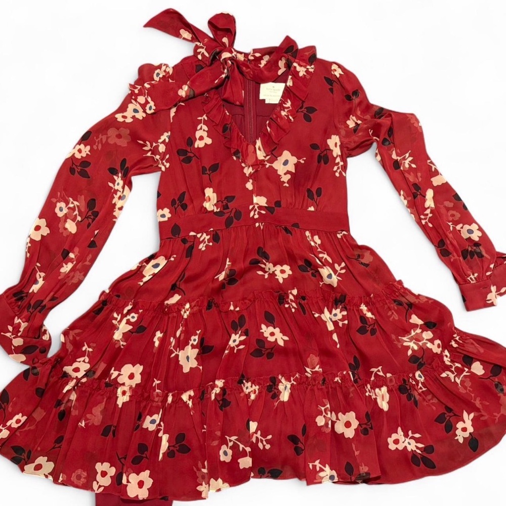 Kate Spade Red Floral Tiered silk Dress Bow Neck Romantic Size 2 - Picture 8 of 8